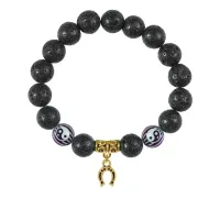 Браслет с фарфоровыми бусинами Инь-Ян и подвеской Подкова (на счастье), лава 10мм BSPD10-03-0018