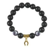 Браслет с фарфоровыми бусинами Инь-Ян и подвеской Подкова (на счастье), лава 10мм BSPD10-03-0018