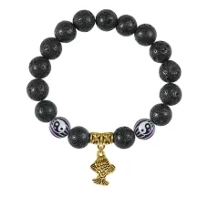 Браслет с фарфоровыми бусинами Инь-Ян и подвеской Золотая рыбка (исполнение желаний), лава 10мм BSPD10-03-0021