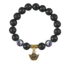 Браслет с фарфоровыми бусинами Инь-Ян и подвеской Золотой слиток (на богатство), лава 10мм BSPD10-03-0058
