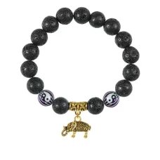Браслет с фарфоровыми бусинами Инь-Ян и подвеской Слон (мудрость, сила, долголетие), лава 10мм BSPD10-03-0062