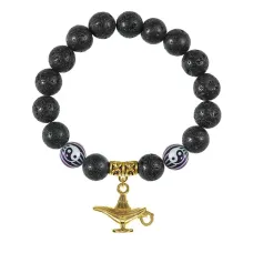 Браслет с фарфоровыми бусинами Инь-Ян и подвеской Волшебная лампа (исполнение желаний), лава 10мм BSPD10-03-0074