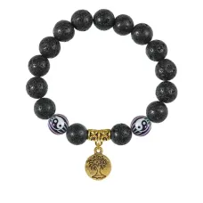 Браслет с фарфоровыми бусинами Инь-Ян и подвеской Дерево жизни (защита и развитие), лава 10мм BSPD10-03-S001