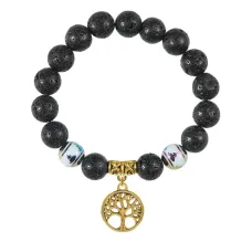 Браслет с фарфоровыми бусинами Будда и подвеской Дерево жизни (защита и развитие), лава 10мм BSPD10-04-0012