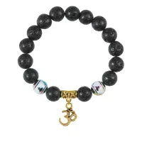 Браслет с фарфоровыми бусинами Будда и подвеской Ом (защита, духовное развитие), лава 10мм BSPD10-04-0013
