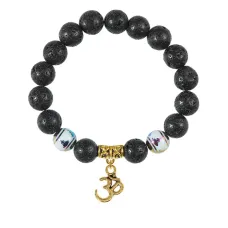 Браслет с фарфоровыми бусинами Будда и подвеской Ом (защита, духовное развитие), лава 10мм BSPD10-04-0013
