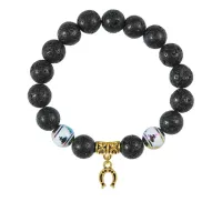 Браслет с фарфоровыми бусинами Будда и подвеской Подкова (на счастье), лава 10мм BSPD10-04-0018