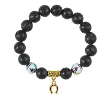 Браслет с фарфоровыми бусинами Будда и подвеской Подкова (на счастье), лава 10мм BSPD10-04-0018