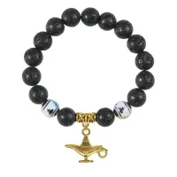 Браслет с фарфоровыми бусинами Будда и подвеской Волшебная лампа (исполнение желаний), лава 10мм BSPD10-04-0074