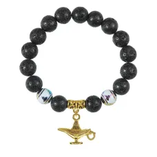 Браслет с фарфоровыми бусинами Будда и подвеской Волшебная лампа (исполнение желаний), лава 10мм BSPD10-04-0074