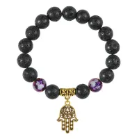 Браслет с фарфоровыми бусинами Лотос и подвеской Хамса (от сглаза и зла), лава 10мм BSPD10-05-0001