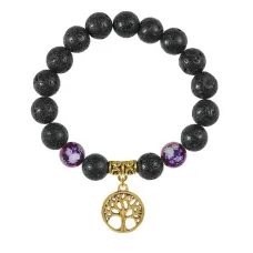 Браслет с фарфоровыми бусинами Лотос и подвеской Дерево жизни (защита и развитие), лава 10мм BSPD10-05-0012