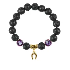 Браслет с фарфоровыми бусинами Лотос и подвеской Подкова (на счастье), лава 10мм BSPD10-05-0018