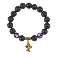 Браслет с фарфоровыми бусинами Лотос и подвеской Золотая рыбка (исполнение желаний), лава 10мм BSPD10-05-0021