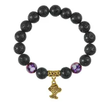 Браслет с фарфоровыми бусинами Лотос и подвеской Золотая рыбка (исполнение желаний), лава 10мм BSPD10-05-0021