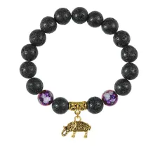 Браслет с фарфоровыми бусинами Лотос и подвеской Слон (мудрость, сила, долголетие), лава 10мм BSPD10-05-0062