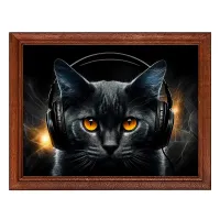 Постер в рамке 22х17см Черный кот в наушниках POSG-0321