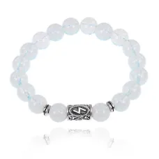 Браслет с руной Соулу и синт. камнем Лунный камень 10 мм BSRC-01-11