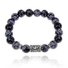 Браслет с руной Соулу и нат.камнем Снежный обсидиан 10 мм BSRC-01-14