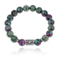 Браслет с руной Соулу и синт.камнем Цоизит 10 мм BSRC-01-22