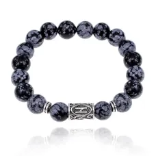 Браслет с руной Хагалаз и нат.камнем Снежный обсидиан 10 мм BSRC-04-14