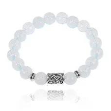 Браслет с руной Йера и синт. камнем Лунный камень 10 мм BSRC-07-11