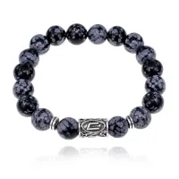 Браслет с руной Уруз и нат.камнем Снежный обсидиан 10 мм BSRC-13-14