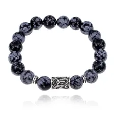 Браслет с руной Альгиз и нат. камнем Снежный обсидиан 10 мм BSRC-16-14