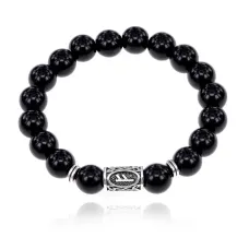 Браслет с руной Феху и нат.камнем Черный агат 10 мм BSRC-17-23
