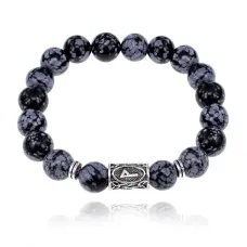 Браслет с руной Вуньо и нат.камнем Снежный обсидиан 10 мм BSRC-18-14