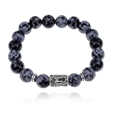 Браслет с руной Манназ и нат.камнем Снежный обсидиан 10 мм