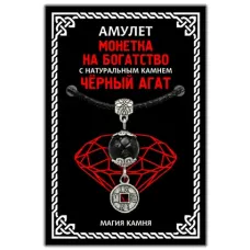 Амулет Монетка на богатство с натуральным камнем черный агат, цвет серебр. MKA025-2