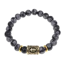 Браслет с руной Тейваз и нат. камнем Снежный обсидиан BSRG-20-14