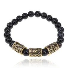 Рунический браслет Божественная защита с нат.камнем Черный агат 8мм BSRH-015
