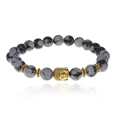 Браслет-амулет Будда с нат. камнем Снежный обсидиан 8мм BSHE-01-14G
