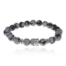 Браслет-амулет Будда с нат. камнем Снежный обсидиан 8мм BSHE-01-14S