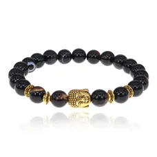Браслет-амулет Будда с нат. камнем Черный агат 8мм BSHE-01-23G