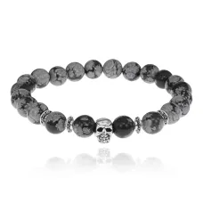 Браслет-амулет Череп с нат. камнем Снежный обсидиан 8мм BSHE-02-14S