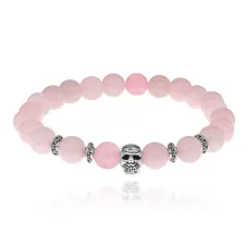 Браслет-амулет Череп с нат. камнем Розовый кварц 8мм BSHE-02-15S