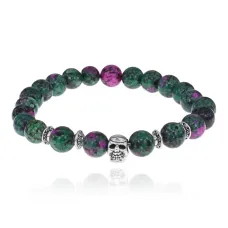 Браслет-амулет Череп с синт. камнем Цоизит 8мм BSHE-02-22S