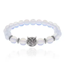 Браслет-амулет Сова с синт. камнем Лунный камень 8мм BSHE-03-11S