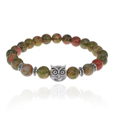 Браслет-амулет Сова с нат. камнем Унакит 8мм BSHE-03-20S