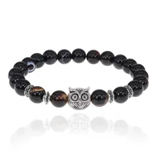 Браслет-амулет Сова с нат. камнем Черный агат 8мм BSHE-03-23S