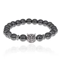 Браслет-амулет Сова с синт. камнем Гематит (не магнит.) 8мм BSHE-03-28S