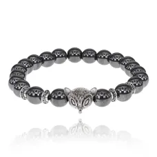Браслет-амулет Лиса с синт. камнем Гематит (не магнит.) 8мм BSHE-04-28S