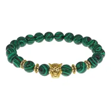 Браслет-амулет Леопард с синт. камнем Малахит 8мм BSHE-07-12G