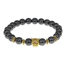 Браслет-амулет Леопард с синт. камнем Гематит 8мм BSHE-07-28G