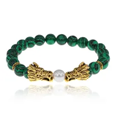 Браслет-амулет Драконы с синт. камнем Малахит 8мм BSHE-08-12G