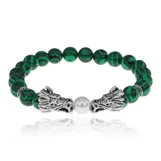 Браслет-амулет Драконы с синт. камнем Малахит 8мм BSHE-08-12S