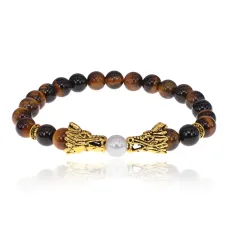 Браслет-амулет Драконы с нат. камнем Тигровый глаз 8мм BSHE-08-19G